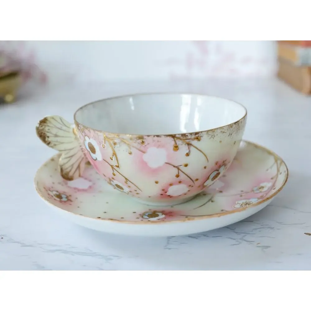 VTG Sakura Floral Butterfly Handle Teacup Set Grandmillennial Chinoiserie Retro